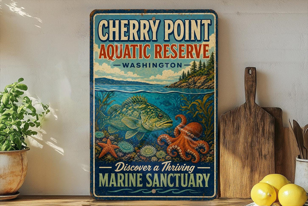 A vintage-style sign for Cherry Point Aquatic Reserve in Washington, featuring an illustration of a fish and an octopus, along with the text "Discover a Thriving Marine Sanctuary".