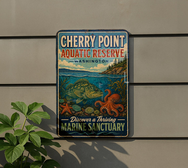 A vintage-style sign for Cherry Point Aquatic Reserve in Washington, featuring an illustration of marine life and the text "Discover a Thriving Marine Sanctuary".