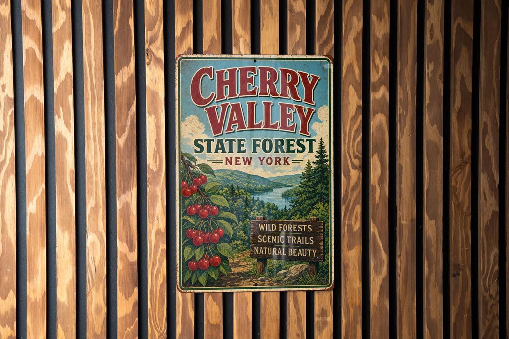 A vintage-style metal sign for Cherry Valley State Forest in New York, featuring a scenic illustration of cherry trees and a forest landscape.