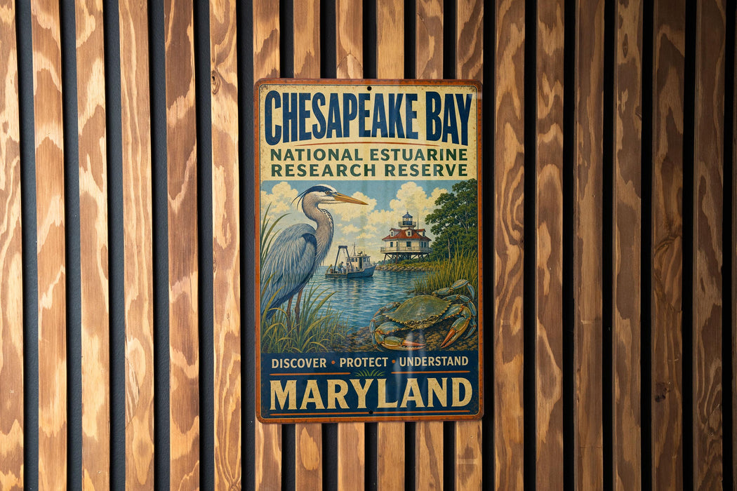 A metal sign for Chesapeake Bay National Estuarine Research Reserve, featuring an illustration of a heron and a boat on the water.