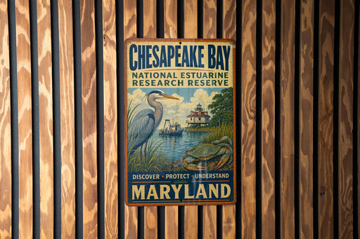 A metal sign for Chesapeake Bay National Estuarine Research Reserve, featuring an illustration of a heron and a boat on the water.