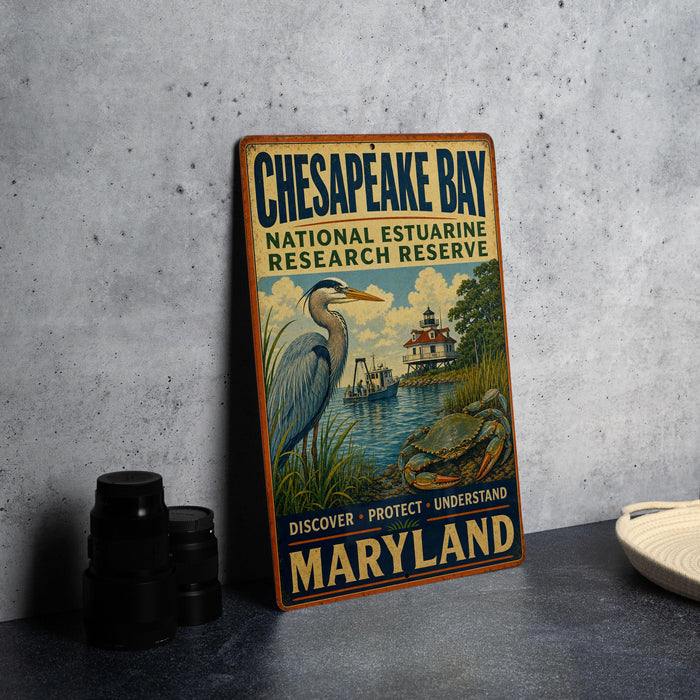 A vintage metal sign for Chesapeake Bay National Estuarine Research Reserve, featuring an illustration of a heron and a lighthouse, is displayed on a gray countertop next to some black camera lenses.