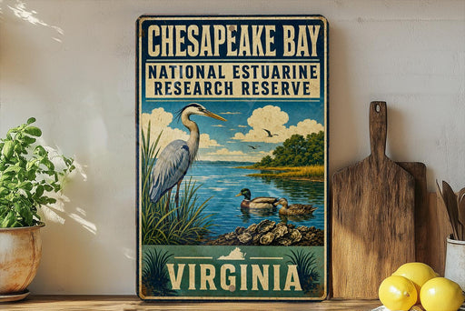 A vintage-style metal sign for Chesapeake Bay National Estuarine Research Reserve, featuring an illustration of a heron and ducks in the water, with the text "CHESAPEAKE BAY VIRGINIA" and "NATIONAL ESTUARINE RESEARCH RESERVE".