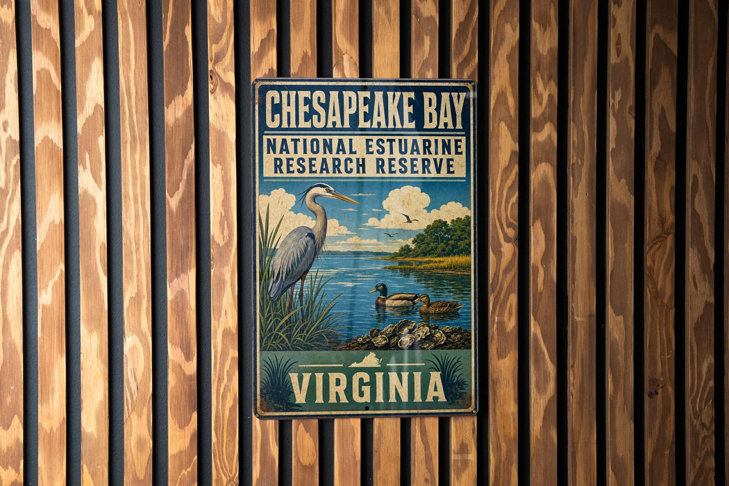 A vintage-style metal sign for Chesapeake Bay National Estuarine Research Reserve, featuring a heron and ducks in a serene landscape.