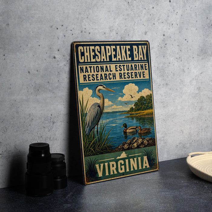 A vintage-style metal sign for Chesapeake Bay National Estuarine Research Reserve, featuring an illustration of a heron and ducks in a body of water, with the text "CHESAPEAKE BAY" and "VIRGINIA" prominently displayed.