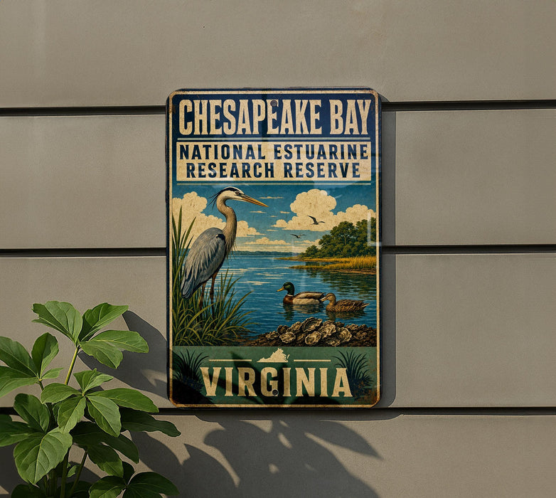 A vintage metal sign for Chesapeake Bay National Estuarine Research Reserve, featuring a bird and a duck in a grassy landscape with a body of water.
