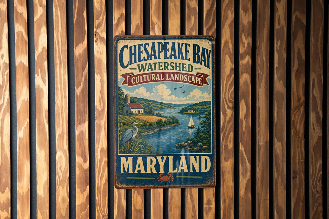 A vintage metal sign for Chesapeake Bay Watershed Cultural Landscape, featuring a scenic illustration of a coastal landscape with a river, house, and sailboat.
