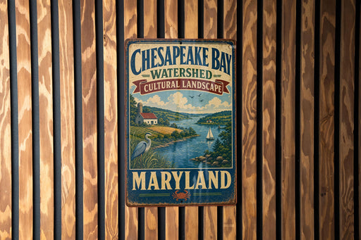 A vintage metal sign for Chesapeake Bay Watershed Cultural Landscape, featuring a scenic illustration of a coastal landscape with a river, house, and sailboat.