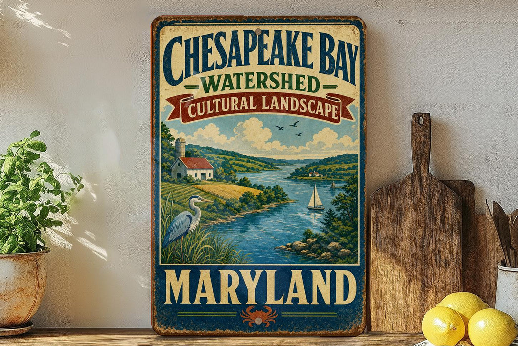 A vintage-style sign for Chesapeake Bay Watershed, featuring a scenic illustration of the bay and surrounding landscape, with the text "Chesapeake Bay Watershed Cultural Landscape Maryland" prominently displayed.