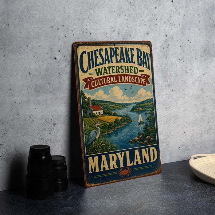 A vintage-style metal sign for Chesapeake Bay, Maryland, featuring a scenic landscape with a river, a house, and a bird.