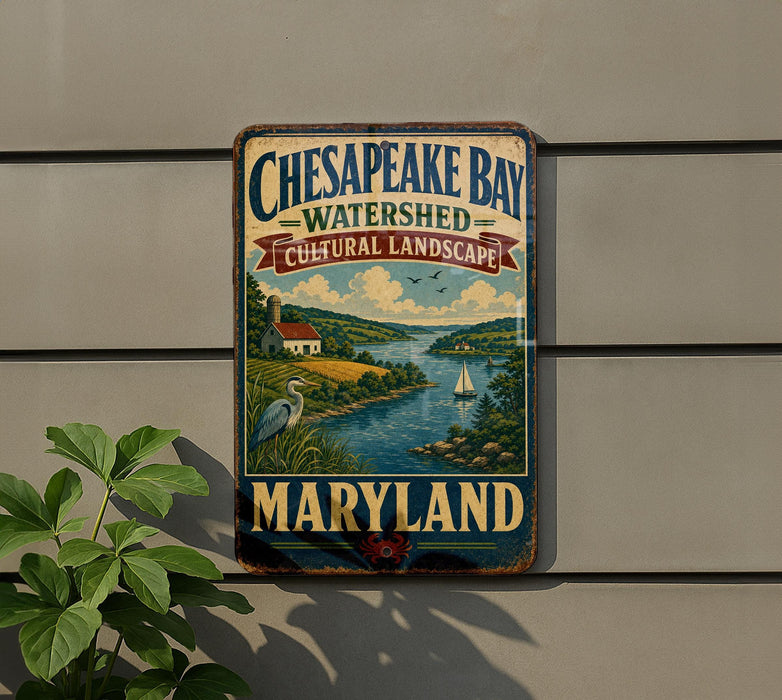 A vintage metal sign for Chesapeake Bay Watershed Cultural Landscape in Maryland, featuring a scenic landscape with a river, boats, and a bird.
