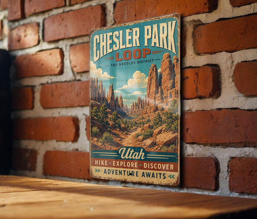 A vintage-style metal sign for Chesler Park Loop, featuring a desert landscape with mountains and trees, mounted on a brick wall.