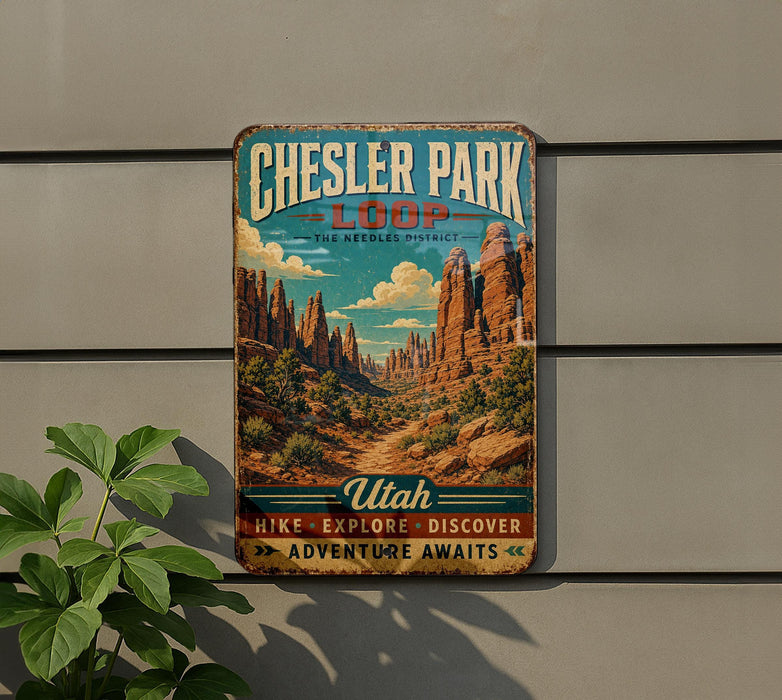 A vintage-style metal sign for Chesler Park Loop, featuring a scenic desert landscape with mountains and a trail, mounted on a wall.