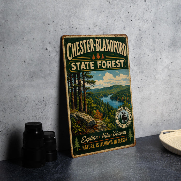 A vintage metal sign for Chester-Blandford State Forest, featuring a scenic landscape with pine trees, a river, and mountains.