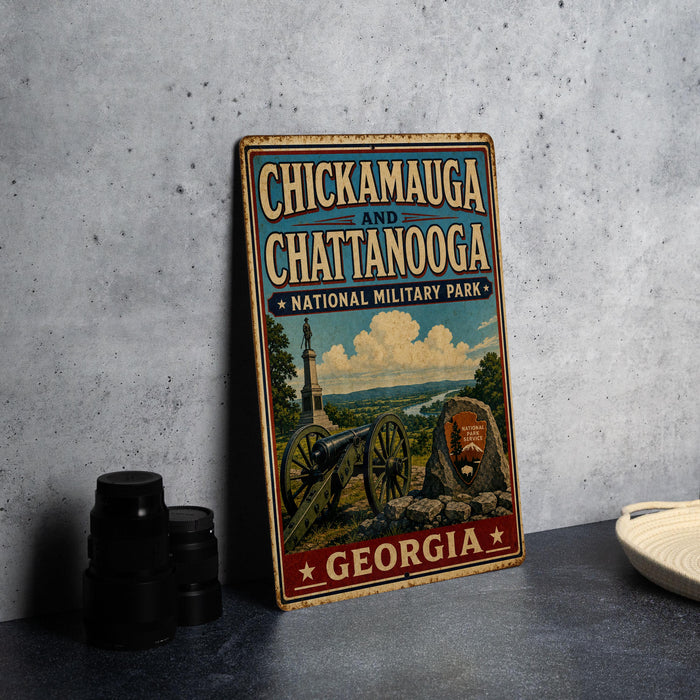 A vintage metal sign for Chickamauga and Chattanooga National Military Park, featuring a cannon and a landscape scene, is displayed on a gray countertop.