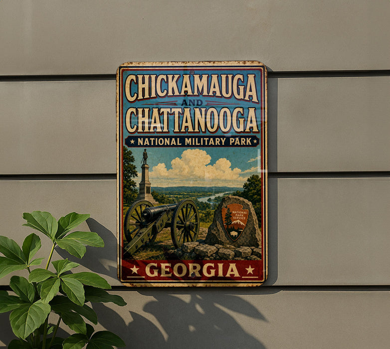 A vintage metal sign on a wall, featuring a cannon and a landscape with mountains, indicating that it is a sign for Chickamauga and Chattanooga National Military Park in Georgia.