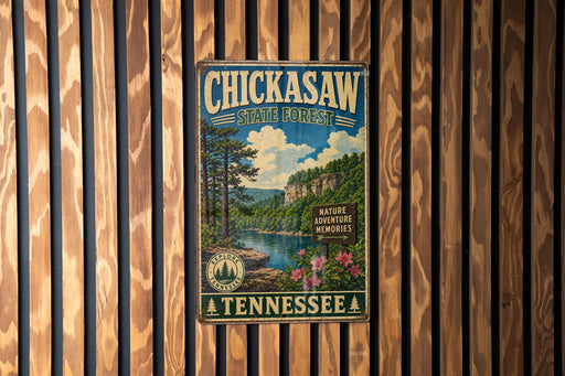 A vintage metal sign for Chickasaw State Forest in Tennessee, featuring a scenic landscape with pine trees, a lake, and mountains.