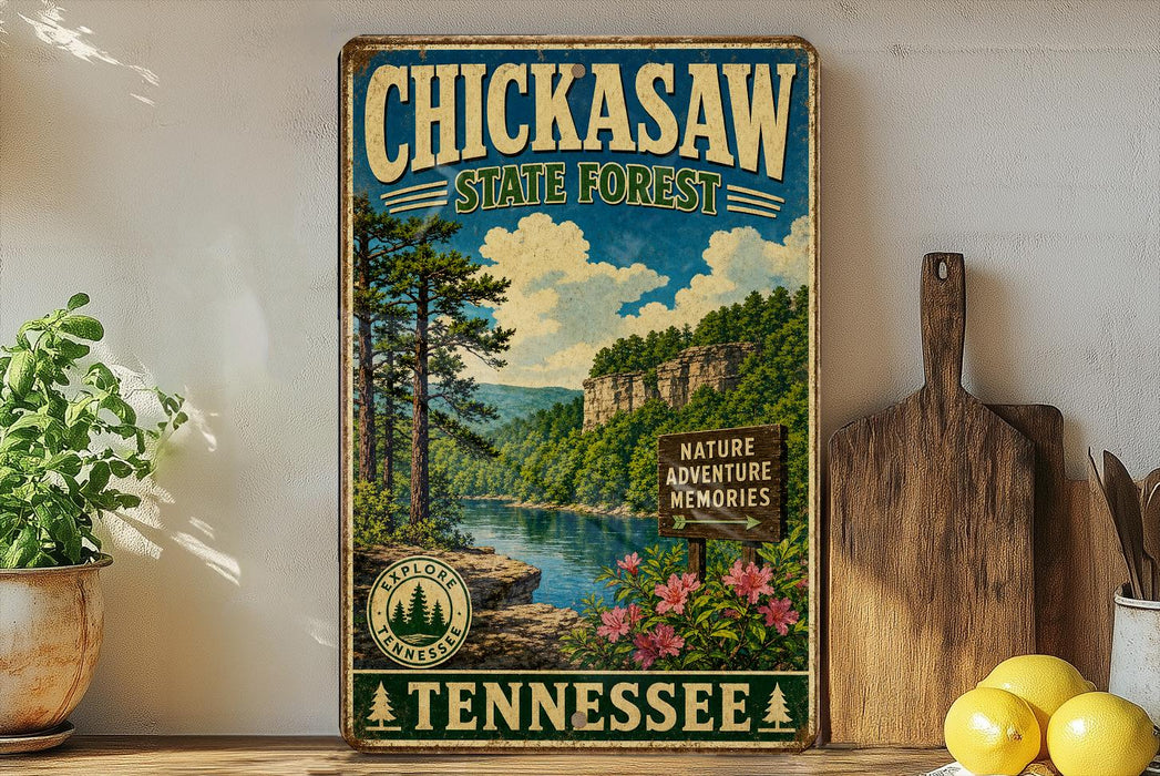 A vintage-style sign for Chickasaw State Forest in Tennessee, featuring a scenic landscape with pine trees, a river, and mountains.
