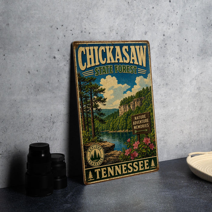 A vintage-style sign for Chickasaw State Forest in Tennessee, featuring a scenic landscape with pine trees, a river, and a sign indicating the nature and adventure memories of the area.