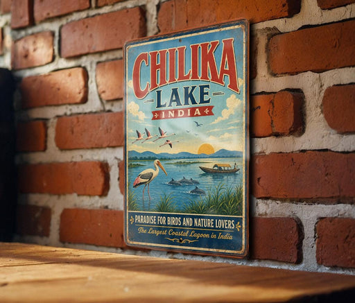 A vintage metal sign with the text "CHILIKA LAKE INDIA" is hanging on a brick wall.