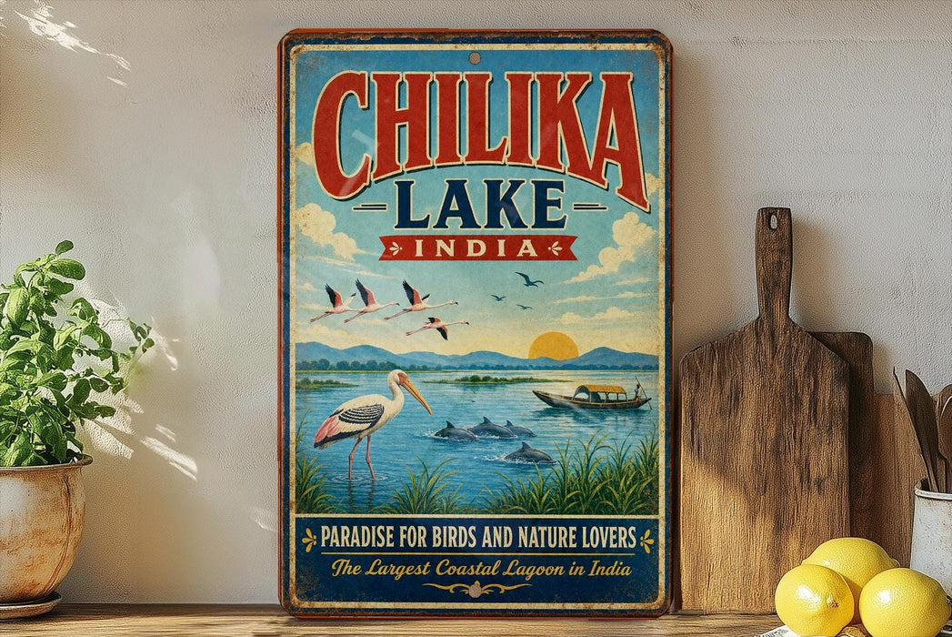 A vintage-style sign for Chilika Lake, India, featuring a serene landscape with birds, boats, and a sunset.