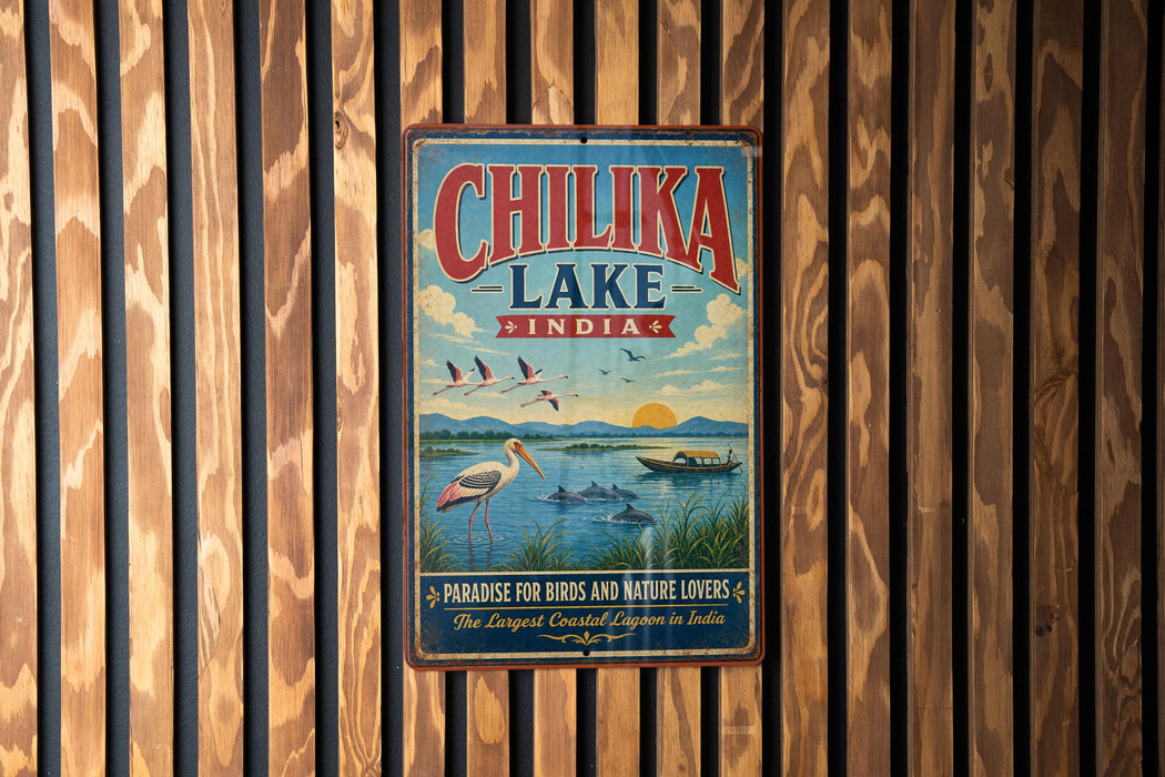 A vintage metal sign for Chilika Lake in India, featuring a seagull, a boat, and a scenic landscape.