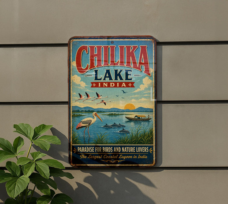 A vintage-style metal sign for Chilika Lake, India, featuring a scenic illustration of birds, water, and boats.