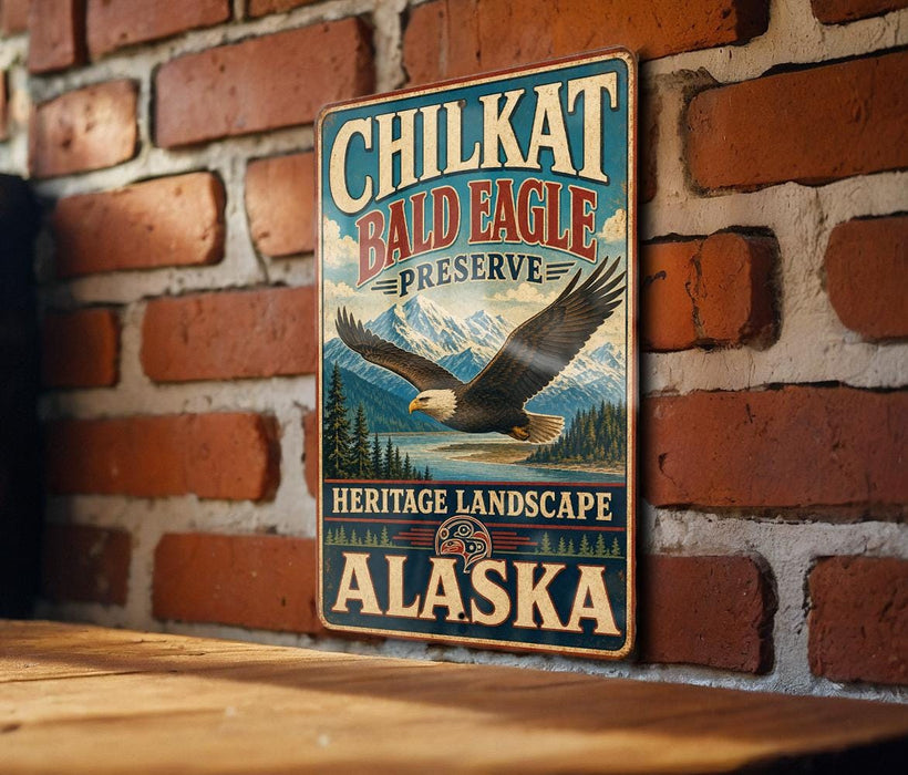A vintage metal sign with a bald eagle and the words "CHILKAT BALD EAGLE PRESERVE" is displayed on a brick wall.