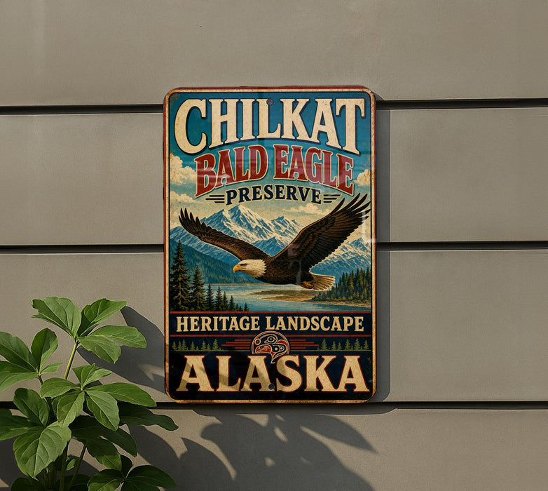 A vintage-style sign for the Chilkat Bald Eagle Preserve in Alaska, featuring an eagle in flight and a scenic landscape.