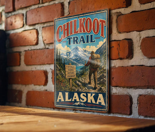 A vintage metal sign for the Chilkoot Trail in Alaska, featuring a hiker and a scenic mountain landscape.