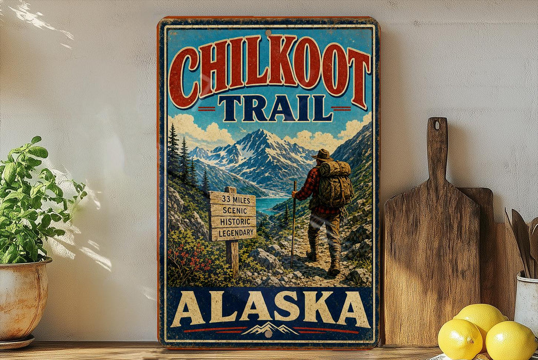A vintage-style metal sign for the Chilkoot Trail in Alaska, featuring a hiker and scenic mountain landscape.