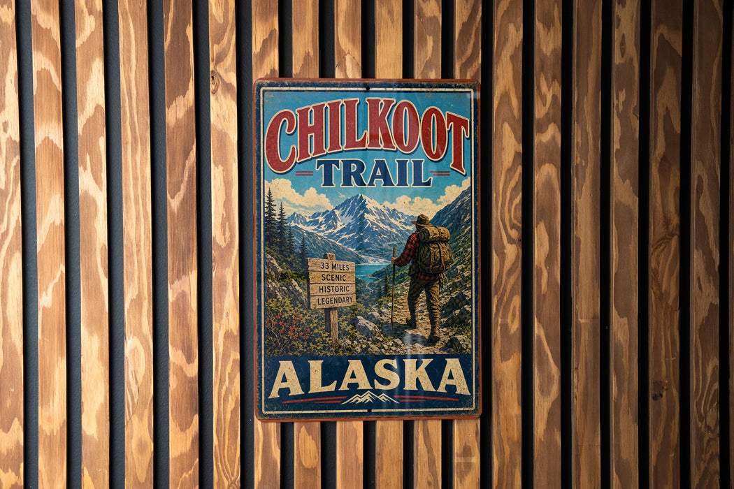 A vintage metal sign for the Chilko Trail in Alaska, featuring a hiker and a scenic mountain landscape.