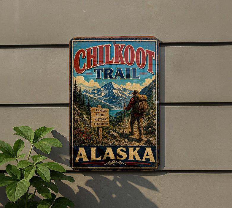 A vintage metal sign for the Chilkoot Trail in Alaska, featuring a hiker and mountainous landscape.