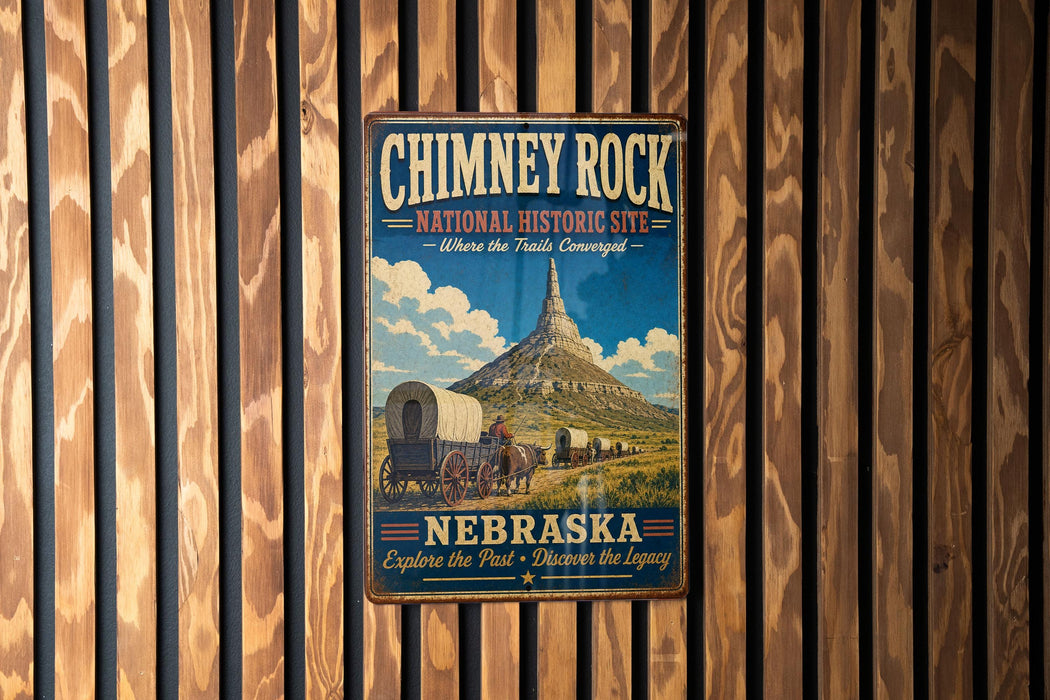 A vintage-style metal sign for Chimney Rock National Historic Site in Nebraska, featuring a wagon train and a mountain in the background.