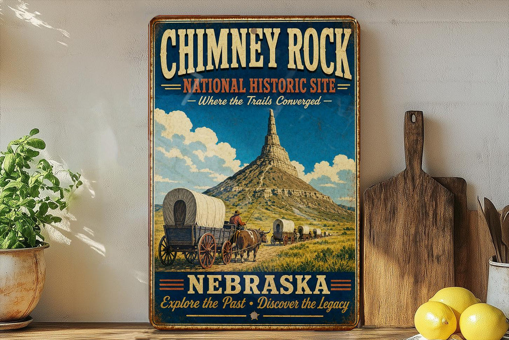 A vintage-style sign for the Chimney Rock National Historic Site in Nebraska, featuring a wagon train traveling through the landscape.
