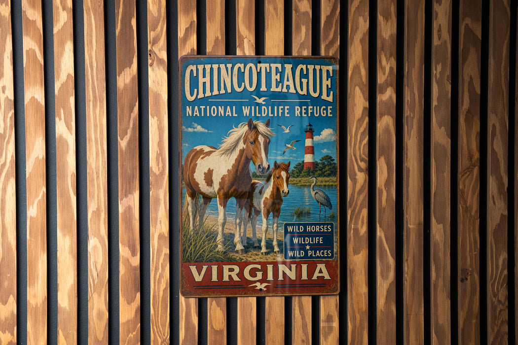 A vintage metal sign for the Chincoteague National Wildlife Refuge in Virginia, featuring a horse and a bird in a scenic landscape.