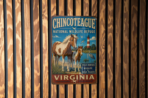 A vintage metal sign for the Chincoteague National Wildlife Refuge in Virginia, featuring a horse and a bird in a scenic landscape.
