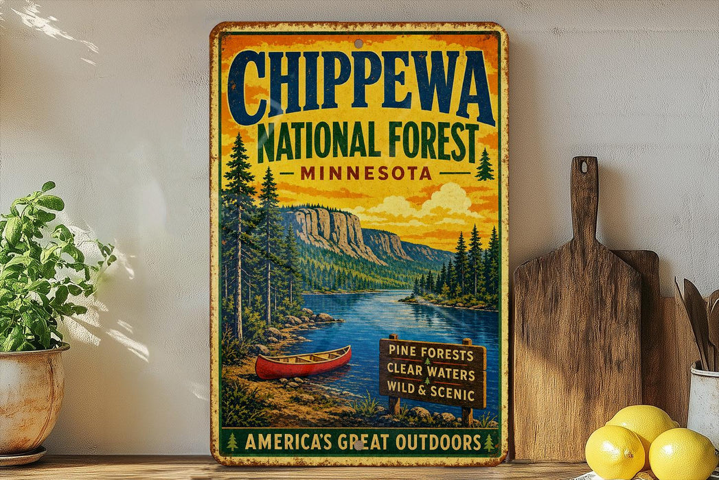 A vintage-style metal sign for Chippewa National Forest in Minnesota, featuring a scenic landscape with a lake, mountains, and a canoe.