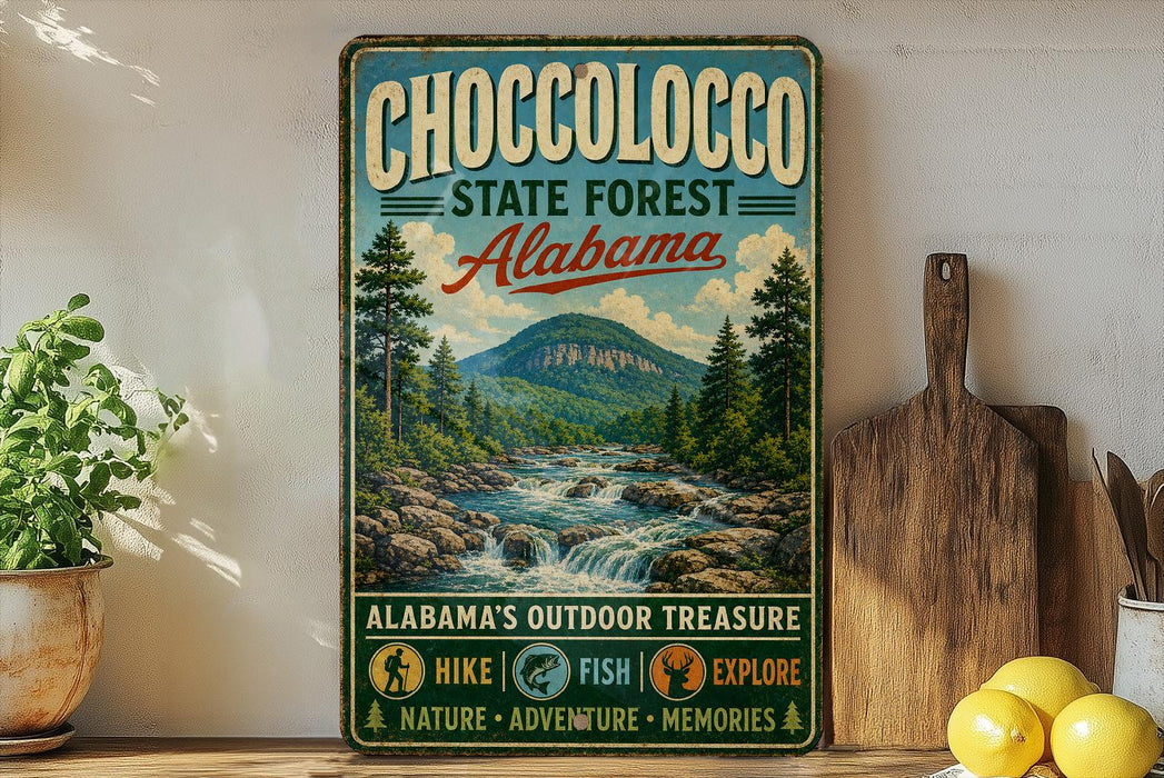 A vintage-style metal sign for Choccolocco State Forest in Alabama, featuring a scenic mountain landscape with a waterfall.