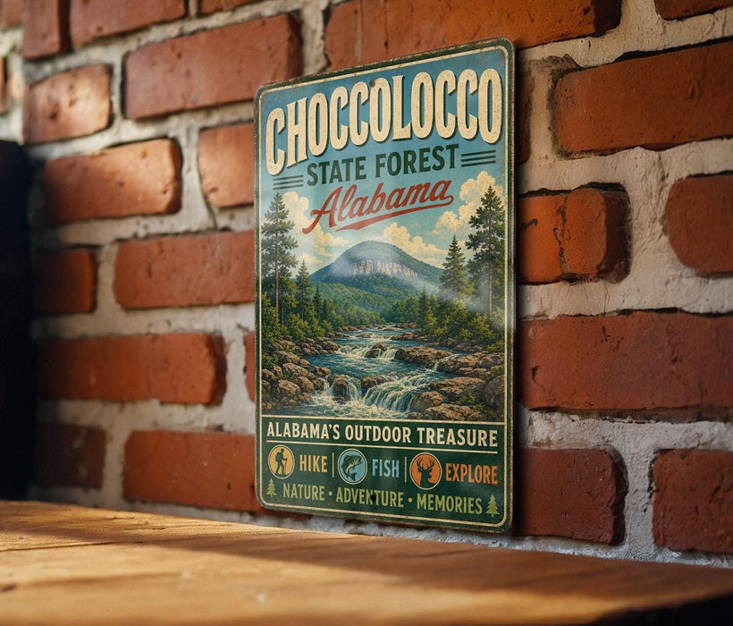A vintage-style metal sign for Choccolocco State Forest in Alabama, featuring a scenic illustration of a mountain, river, and forest.