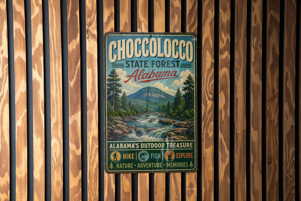A vintage metal sign for Choccolocco State Forest in Alabama, featuring a scenic mountain landscape and text promoting outdoor activities.