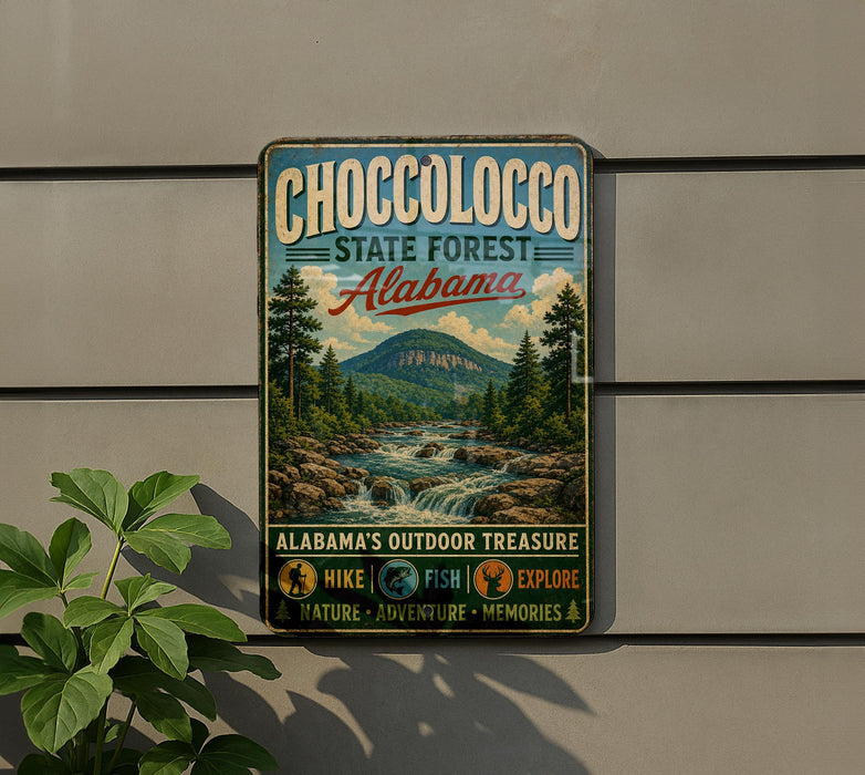 A vintage-style metal sign for Choccolocco State Forest in Alabama, featuring a scenic mountain landscape with a river and pine trees.