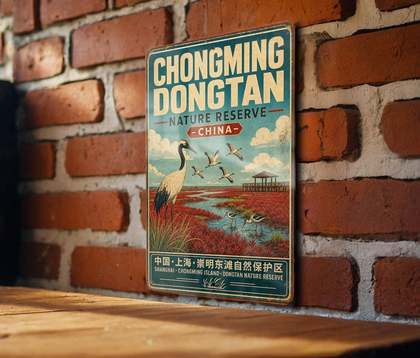 A vintage metal sign for the Hongming Don'tan Nature Reserve in China, featuring a scenic illustration of birds in a field and a river.