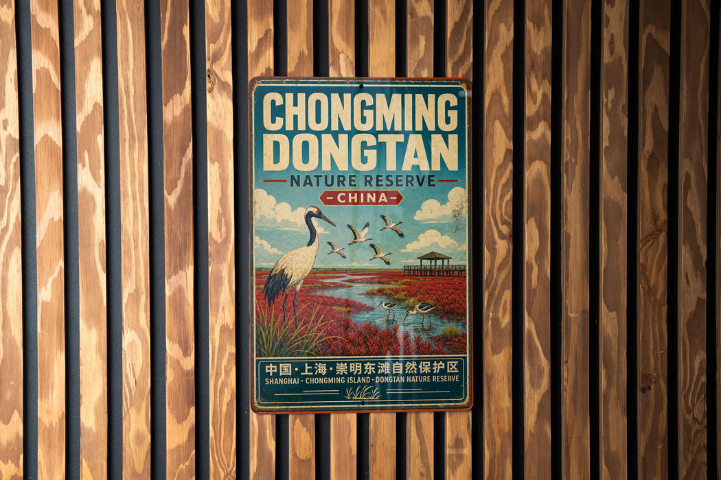 A vintage metal sign for the Hongming Don'tan Nature Reserve in China, featuring an illustration of a crane and a scenic landscape.