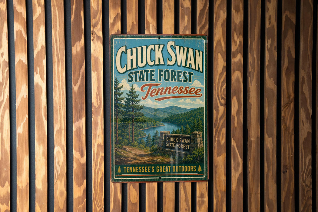 A vintage-style metal sign for Chuck Swan State Forest in Tennessee, featuring a scenic landscape with pine trees and a lake.