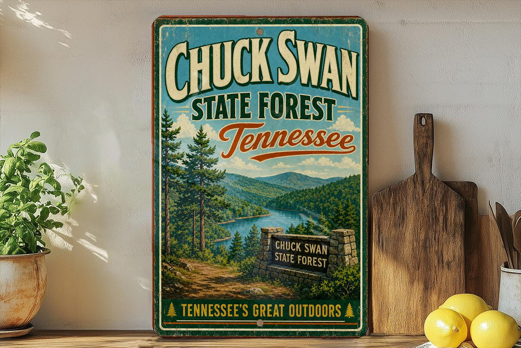 A vintage-style sign for Chuck Swan State Forest in Tennessee, featuring a scenic landscape with pine trees, a river, and mountains.
