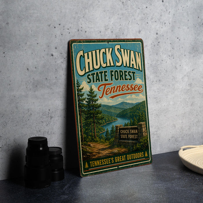 A vintage metal sign for Chuck Swan State Forest in Tennessee, featuring a scenic landscape with pine trees, a river, and mountains.