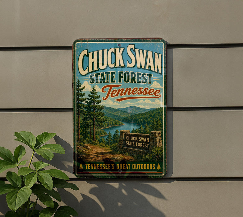 A vintage-style sign for Chuck Swan State Forest in Tennessee, featuring a scenic landscape with pine trees, a river, and mountains.