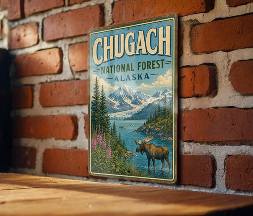 A vintage-style metal sign with the text "CHUGACH NATIONAL FOREST ALASKA" and an illustration of a moose in a forest setting, mounted on a brick wall.