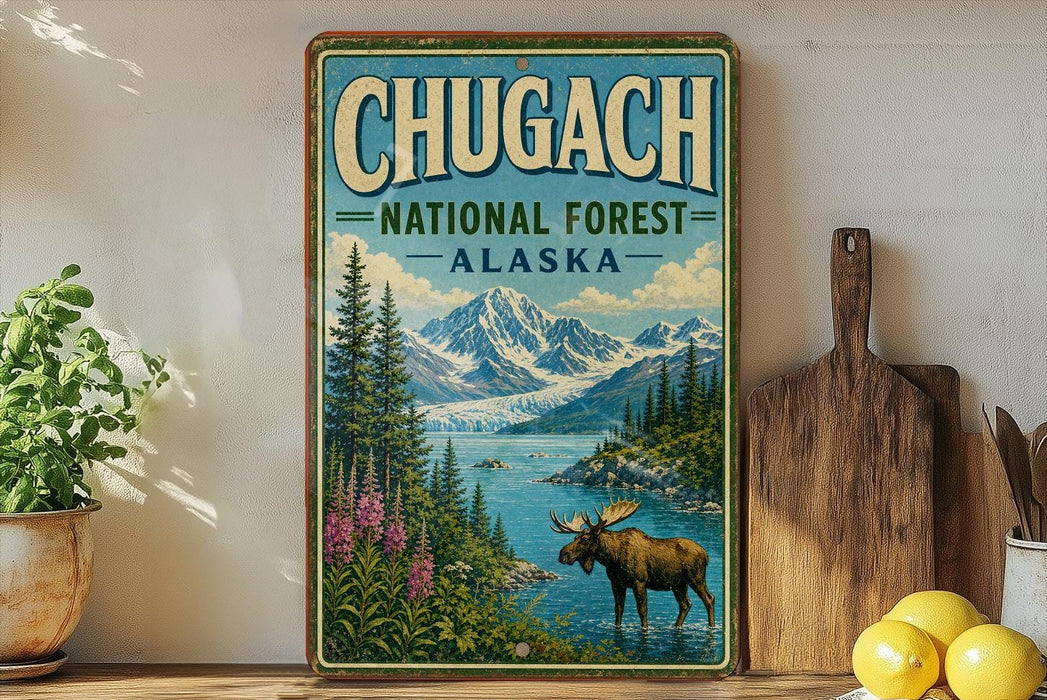 A vintage-style sign for Chugach National Forest in Alaska, featuring a moose in a forest setting with mountains in the background.